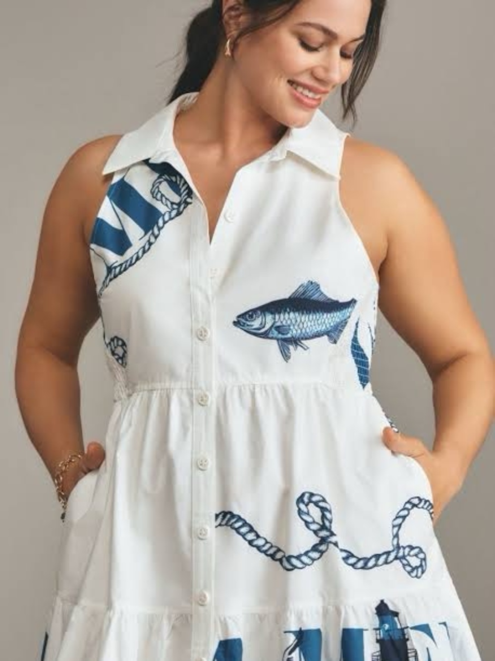 Maeve White Maxi Dress with Navy Nautical Print